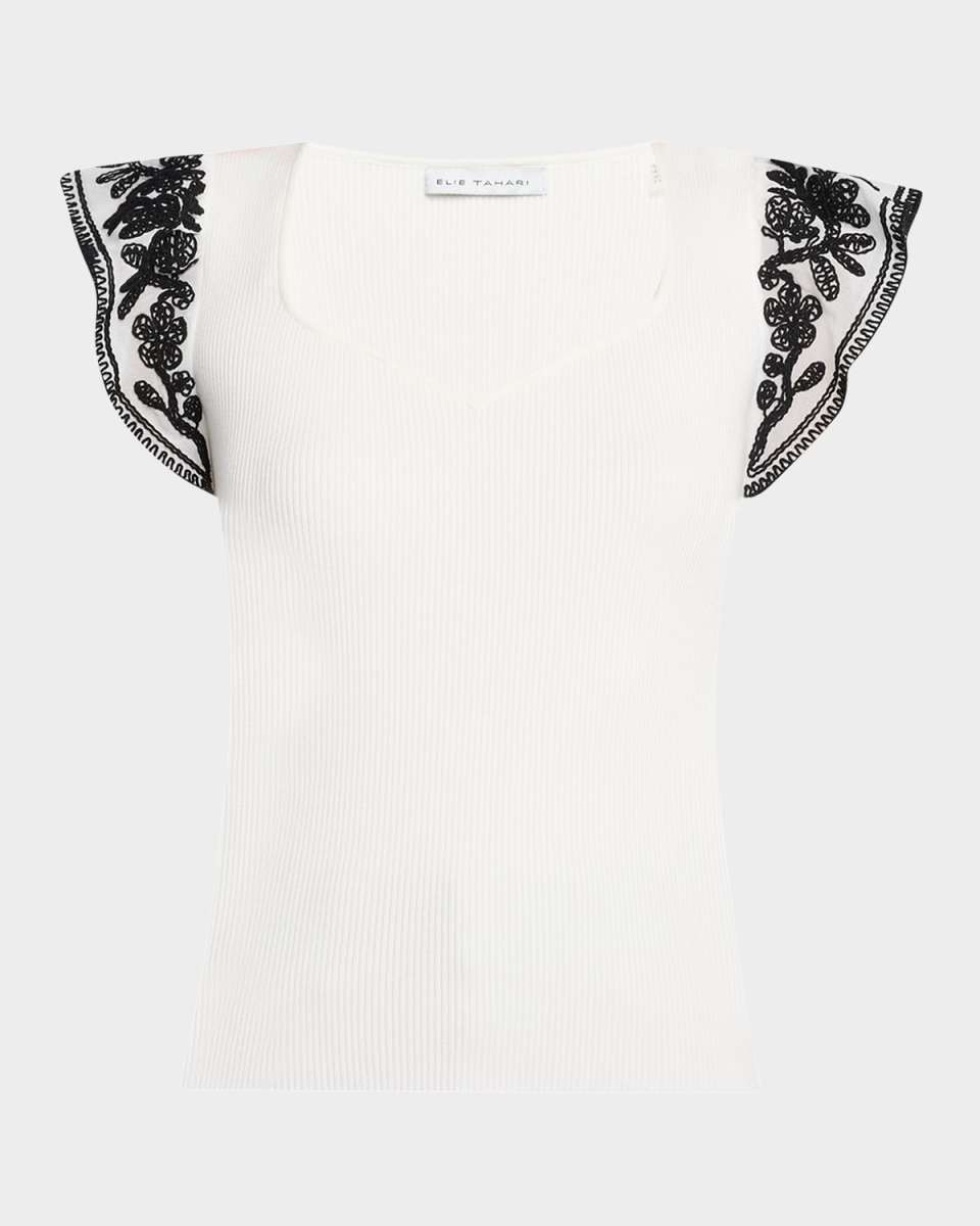 The Emily Embroidered Flutter-Sleeve Sweater